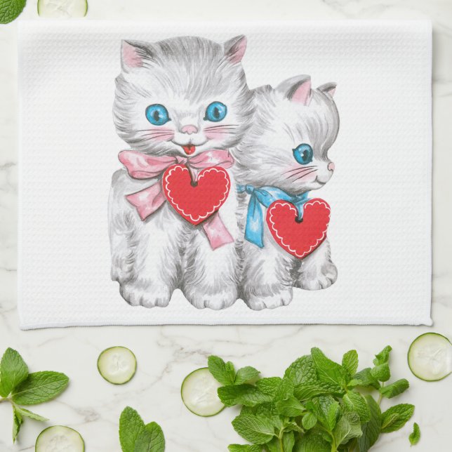 Linge De Cuisine Chats rétro de la Saint-Valentin, chaton mignon vi (Plié)