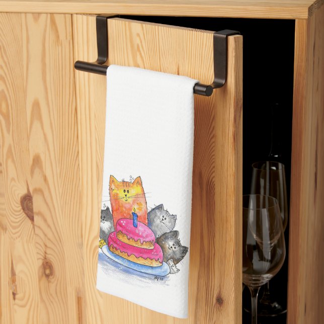 Linge De Cuisine Chats Whimsical avec gâteau d'anniversaire (Pliage en tiers)
