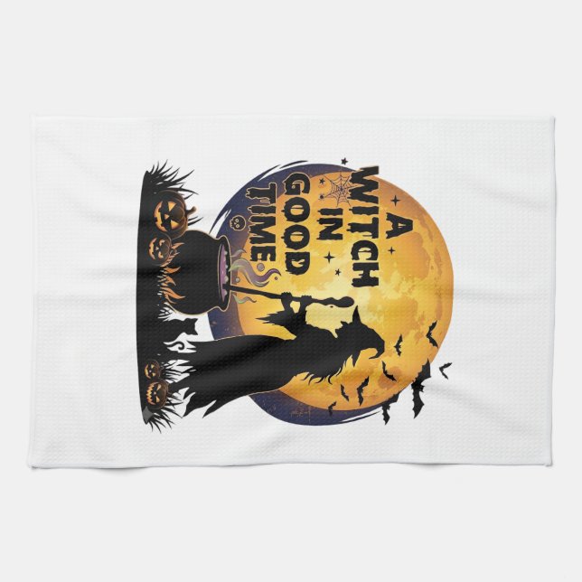 Linge De Cuisine Chaudron de lune d'Halloween de bonne sorcière_1 (Horizontal)