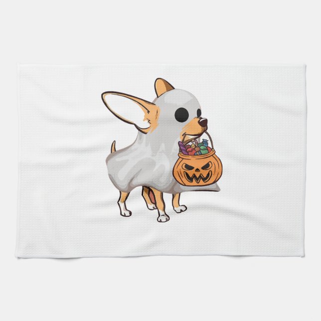 Linge De Cuisine Chemise de Halloween Citrouille Fantôme Chihuahua (Horizontal)