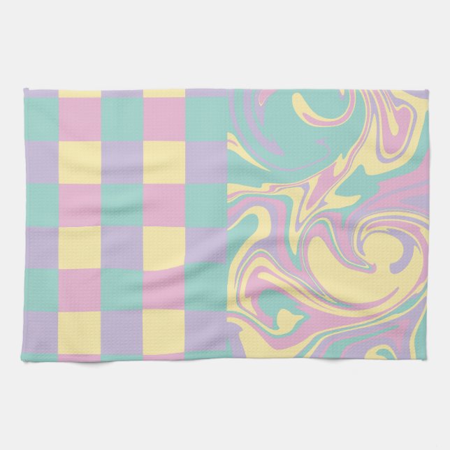 Linge De Cuisine Chèques et perles Pastel Rose, Jaune, Violet & Ver (Horizontal)