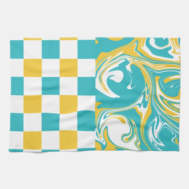 Linge De Cuisine Chèques et permules en Turquoise, Jaune et Blanc (Horizontal)