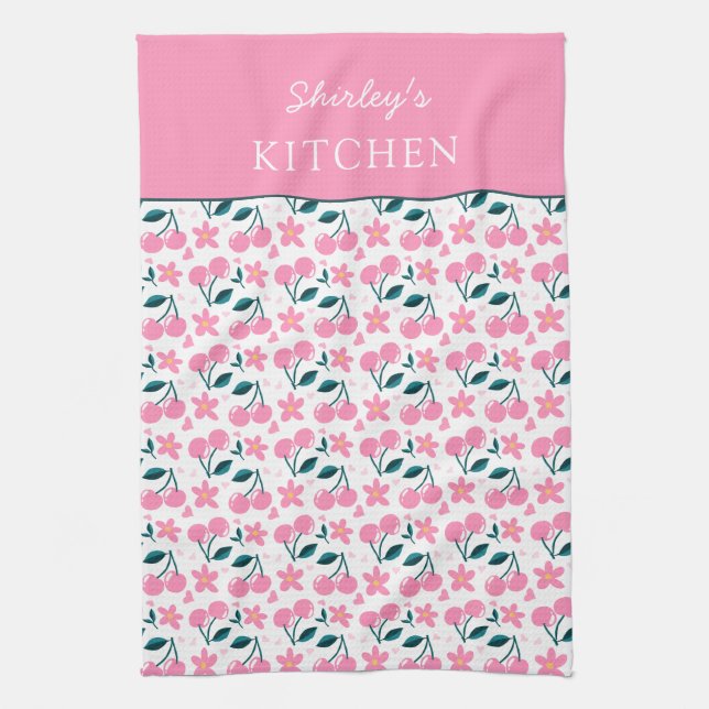 Linge De Cuisine Cherry Pink Personalized Tea Towel | Custom Name K (Vertical)