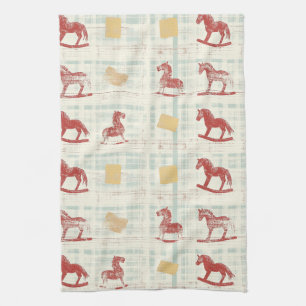 Linge De Cuisine Cheval à Bascule Antique Motif Carreaux Sarcelle