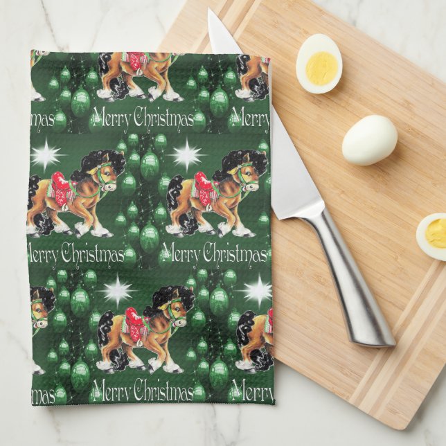 Linge De Cuisine Cheval aux ornements verts  Joyeux Noël vert (Quart Plié)