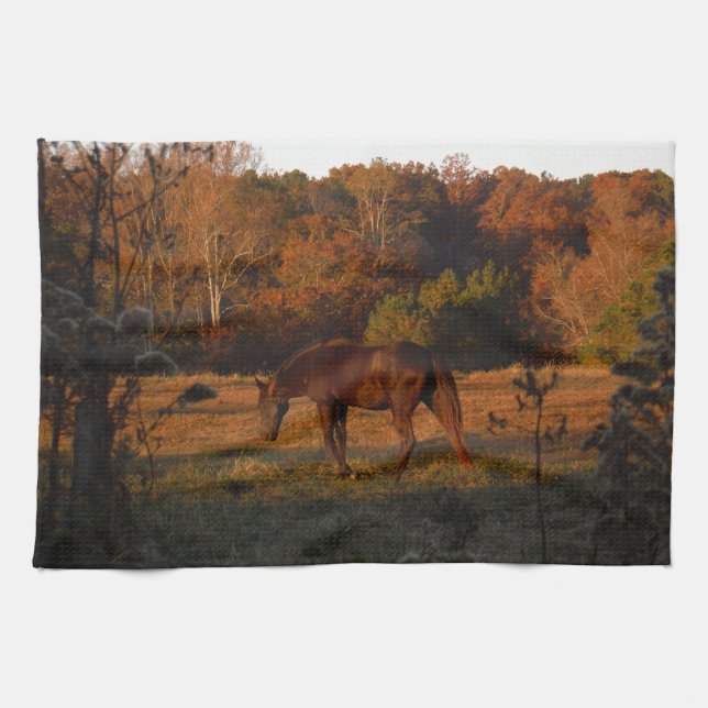 Linge De Cuisine Cheval Brown rouge, bois d'automne. (Horizontal)