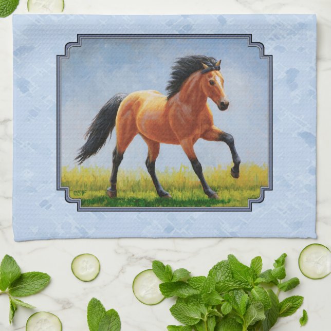 Linge De Cuisine Cheval Buckskin courant bleu clair (Plié)