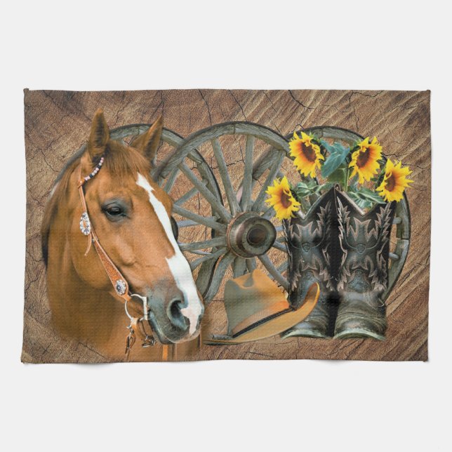 Linge De Cuisine Cheval Cowboy Boots Wagon Wheels Sunflowers Wester (Horizontal)