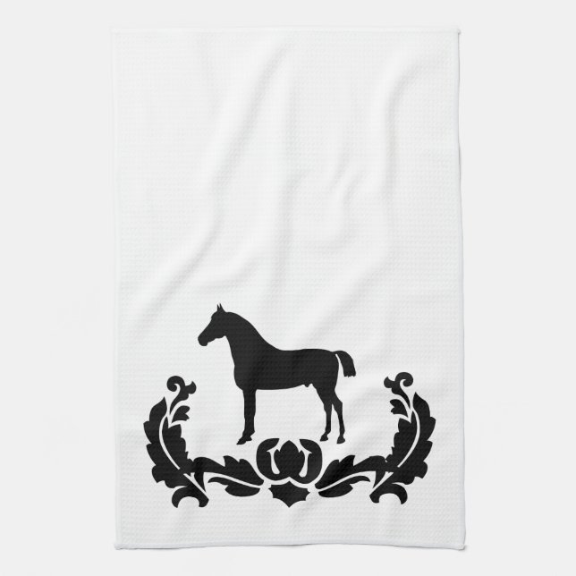 Linge De Cuisine Cheval noir et blanc Damas (Vertical)