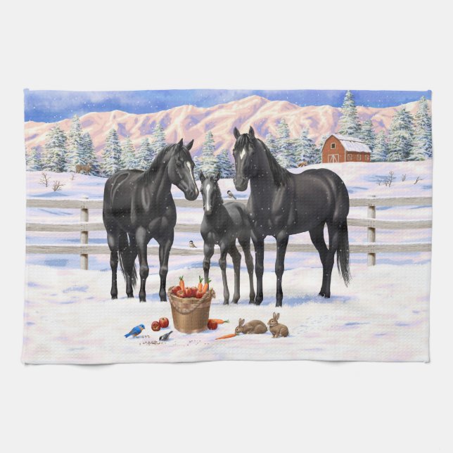Linge De Cuisine Chevaux Du Quartier Noir En Neige (Horizontal)