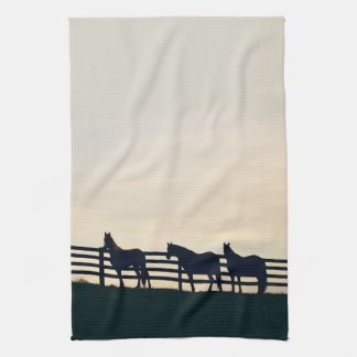 Linge De Cuisine Chevaux équestres à la clôture du pâturage