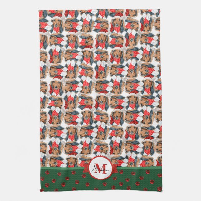Linge De Cuisine Cheveux longs Motif Monogram Chien de Noël (Vertical)