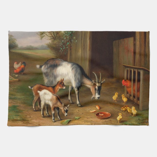Linge De Cuisine Chèvres Et Poulets À La Ferme (Horizontal)