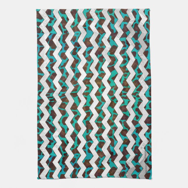 Linge De Cuisine Chevron Léopard Marron et Turquoise Imprimé (Vertical)