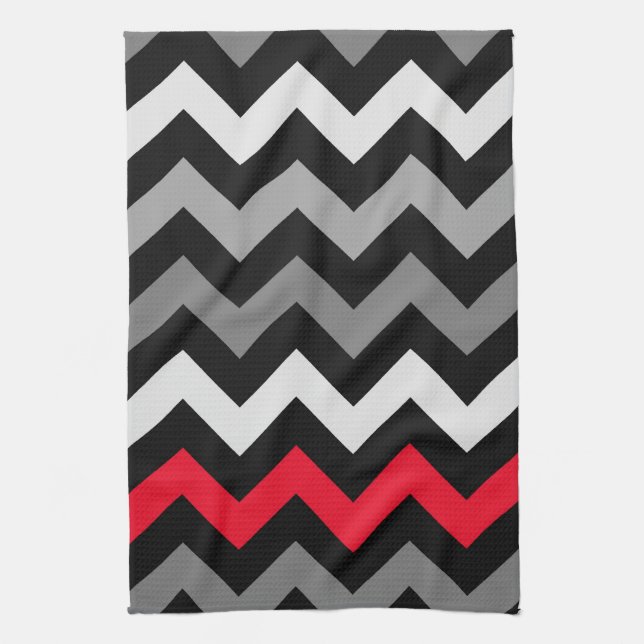 Linge De Cuisine Chevron noir et blanc avec la bande rouge (Vertical)
