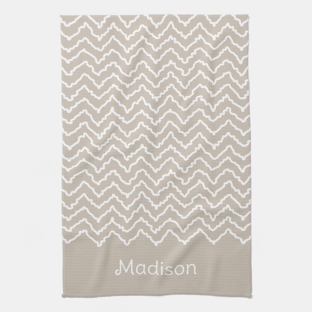 Linge De Cuisine Chevron Zigzag Ondulé Beige Et Blanc Avec Nom (Vertical)