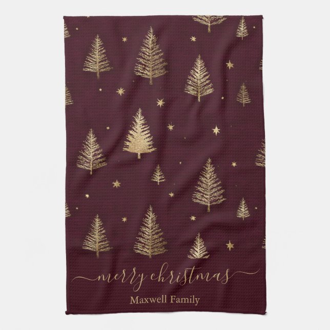 Linge De Cuisine Chic Burgundy gold glitter merry christmas trees  (Vertical)