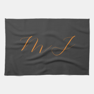 Linge De Cuisine Chic calligraphie gris orange monogramme nom initi