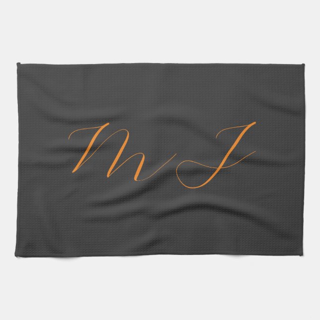 Linge De Cuisine Chic calligraphie gris orange monogramme nom initi (Horizontal)