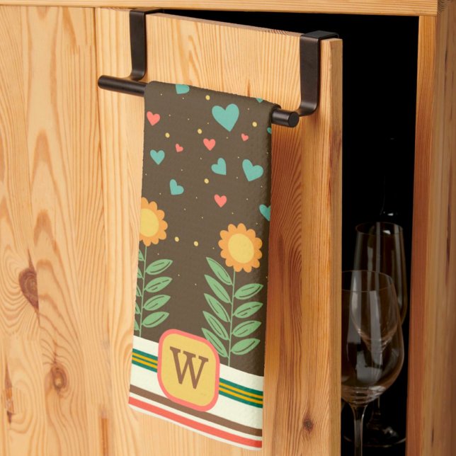 Linge De Cuisine Chic Carburant Floral Motif Brown Monogramme initi (Créateur téléchargé)