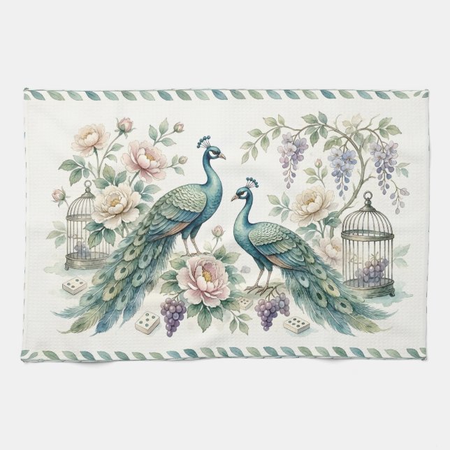 Linge De Cuisine Chic Chinoiserie Paon Mahjong (Horizontal)