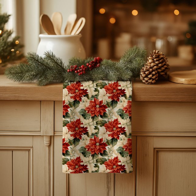 Linge De Cuisine Chic Classic Red and White Poinsettias Christmas  (Chic Classic Red and White Poinsettias Christmas kitchen towel)
