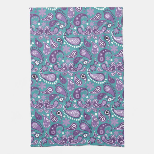 Linge De Cuisine Chic démodé motif paisley violet et bleu (Vertical)