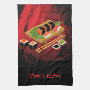 Linge De Cuisine Chic Élégant Moderne Sushi Noir & Rouge