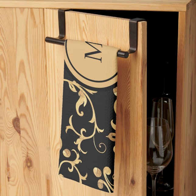 Linge De Cuisine Chic Gold Noir Monogramme Royal Damask (Pliage en tiers)
