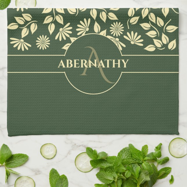 Linge De Cuisine Chic Monogramme Nom personnalisé Feuilles margueri (Plié)