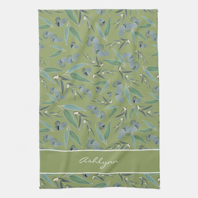 Linge De Cuisine Chic Motif Eucalyptus Vert Sage Personnalisé (Vertical)