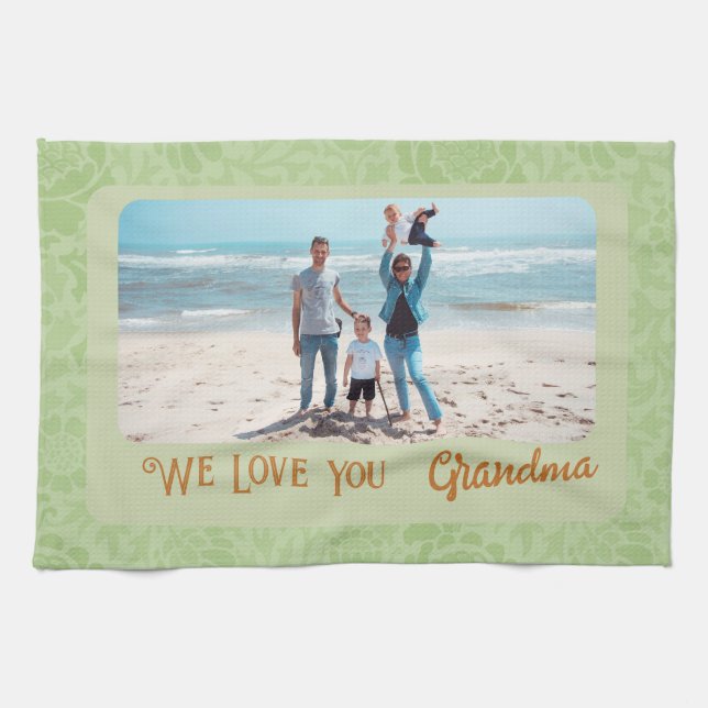 Linge De Cuisine Chic Photo Personnalisée Texte Grandma Cadeau Vert (Horizontal)