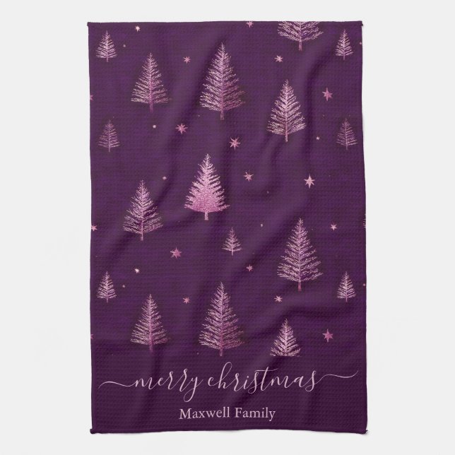 Linge De Cuisine Chic pink glitter merry christmas trees name (Vertical)
