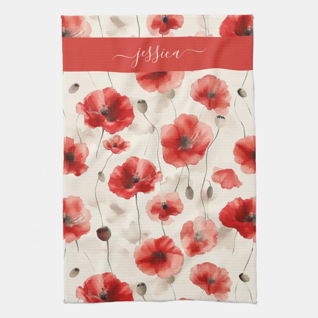 Linge De Cuisine Chic red poppies script name  (Vertical)