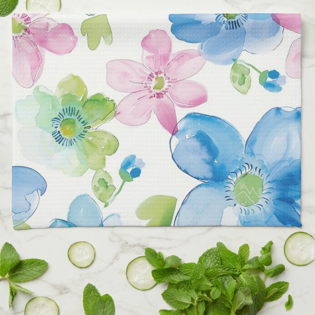 Linge De Cuisine Chic rose bleu bleu floral (Plié)