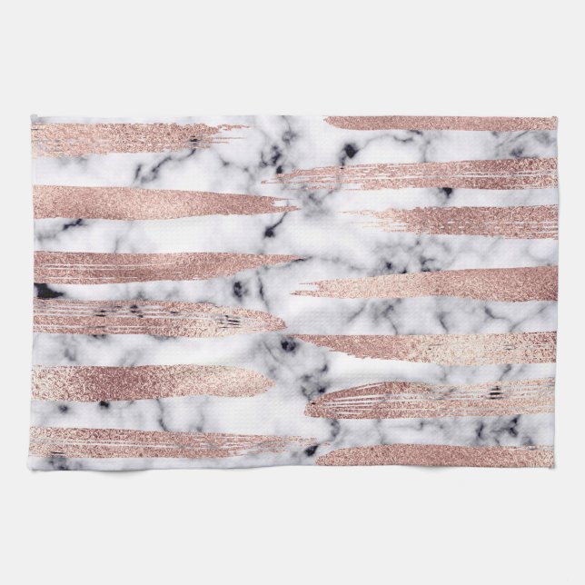Linge De Cuisine Chic rose Gold Brushstrokes Marble moderne (Horizontal)
