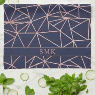 Linge De Cuisine Chic Rose Gold Foil géométrique Polygone bleu mari