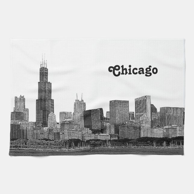 Linge De Cuisine Chicago Skyline Gravé (Horizontal)