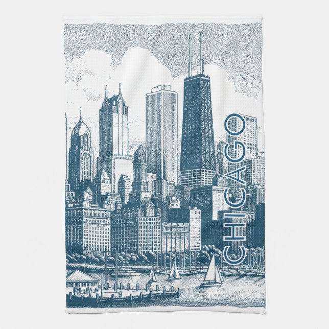 Linge De Cuisine Chicago Skyline Moderne Bleu Blanc (Vertical)