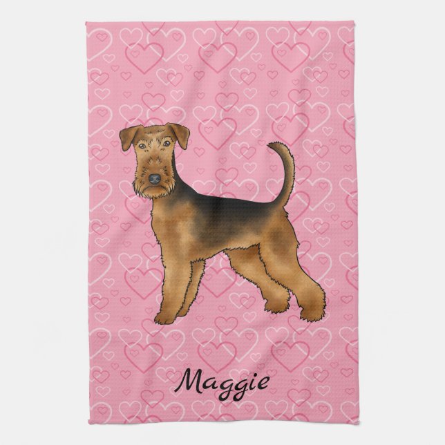 Linge De Cuisine Chien Airedale Terrier avec des cœurs roses et un  (Vertical)