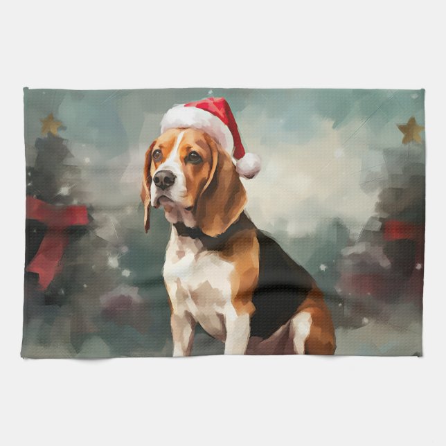 Linge De Cuisine Chien Beagle dans la neige de Noël (Horizontal)