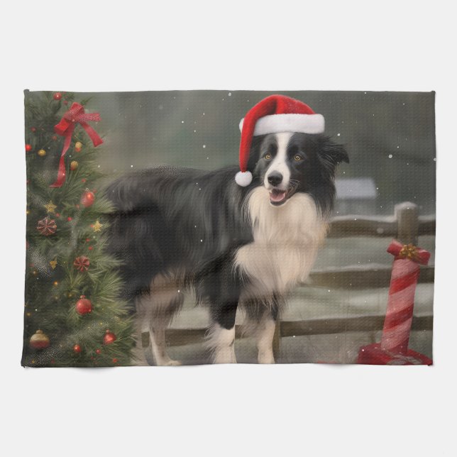 Linge De Cuisine Chien Border Collie dans la neige de Noël (Horizontal)