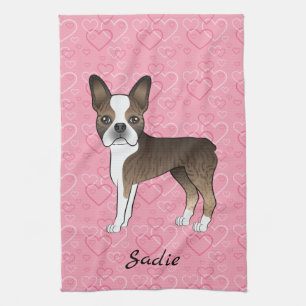 Linge De Cuisine Chien Boston Terrier Bringé sur des cœurs roses et