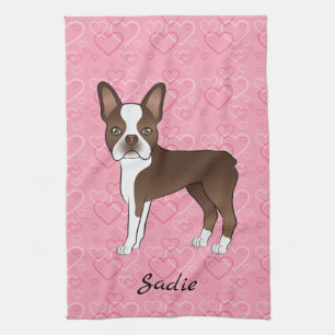 Linge De Cuisine Chien Boston Terrier Brun Sur Cœurs Roses Et Nom