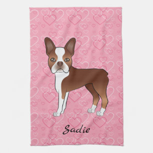 Linge De Cuisine Chien Boston Terrier rouge sur coeurs roses et nom