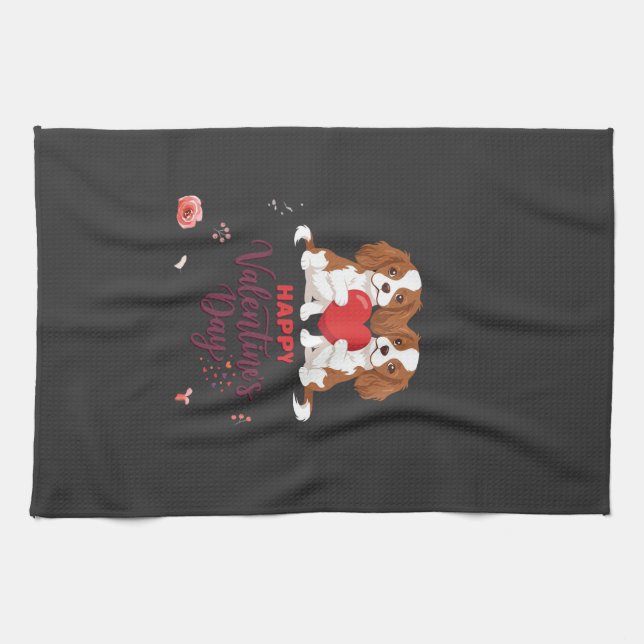 Linge De Cuisine Chien Cavalier King Fleuris Joyeuse Saint-Valentin (Horizontal)