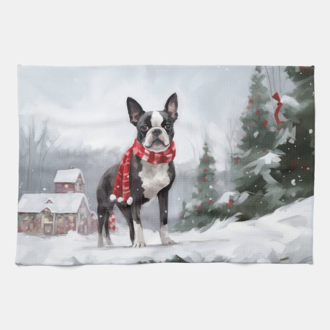 Linge De Cuisine Chien de Boston Terrier pendant Noël de neige (Horizontal)