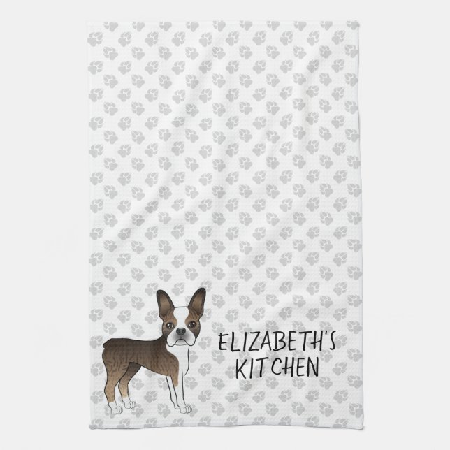 Linge De Cuisine Chien de dessin animé Boston Terrier Bringé & Text (Vertical)