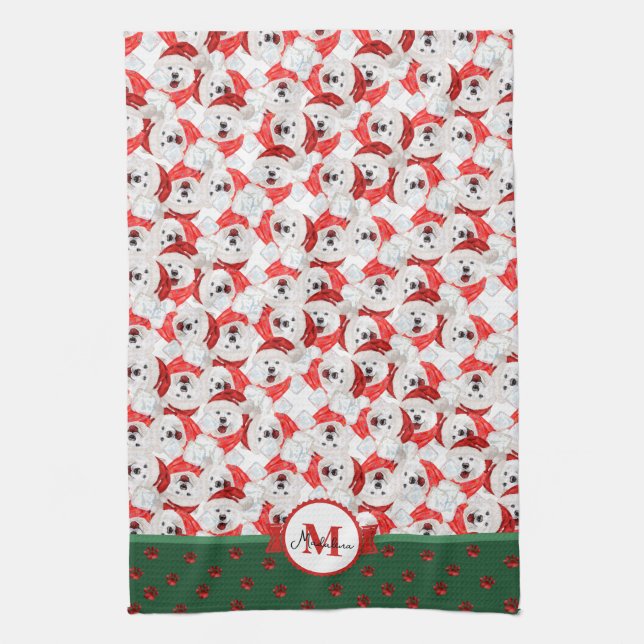 Linge De Cuisine Chien de Noël à motif Samoyède et monogramme (Vertical)