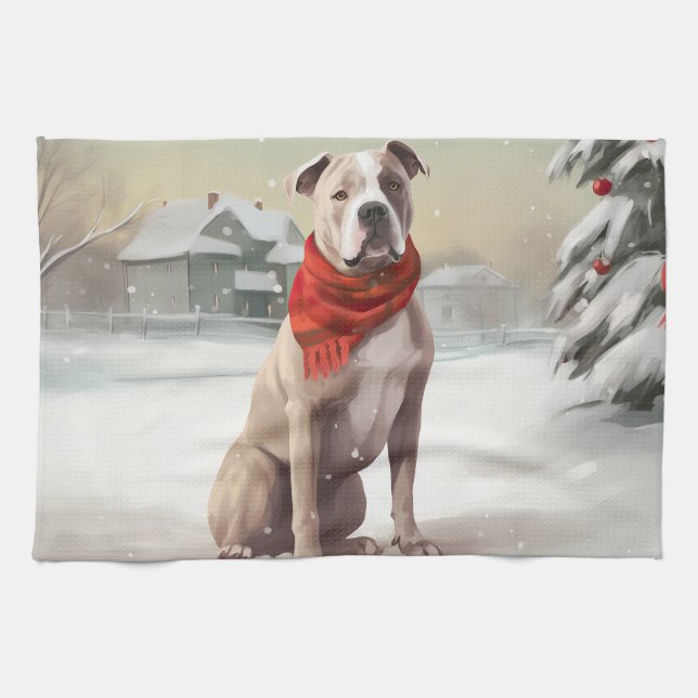 Linge De Cuisine Chien du Staffordshire américain à Noël de neige (Horizontal)